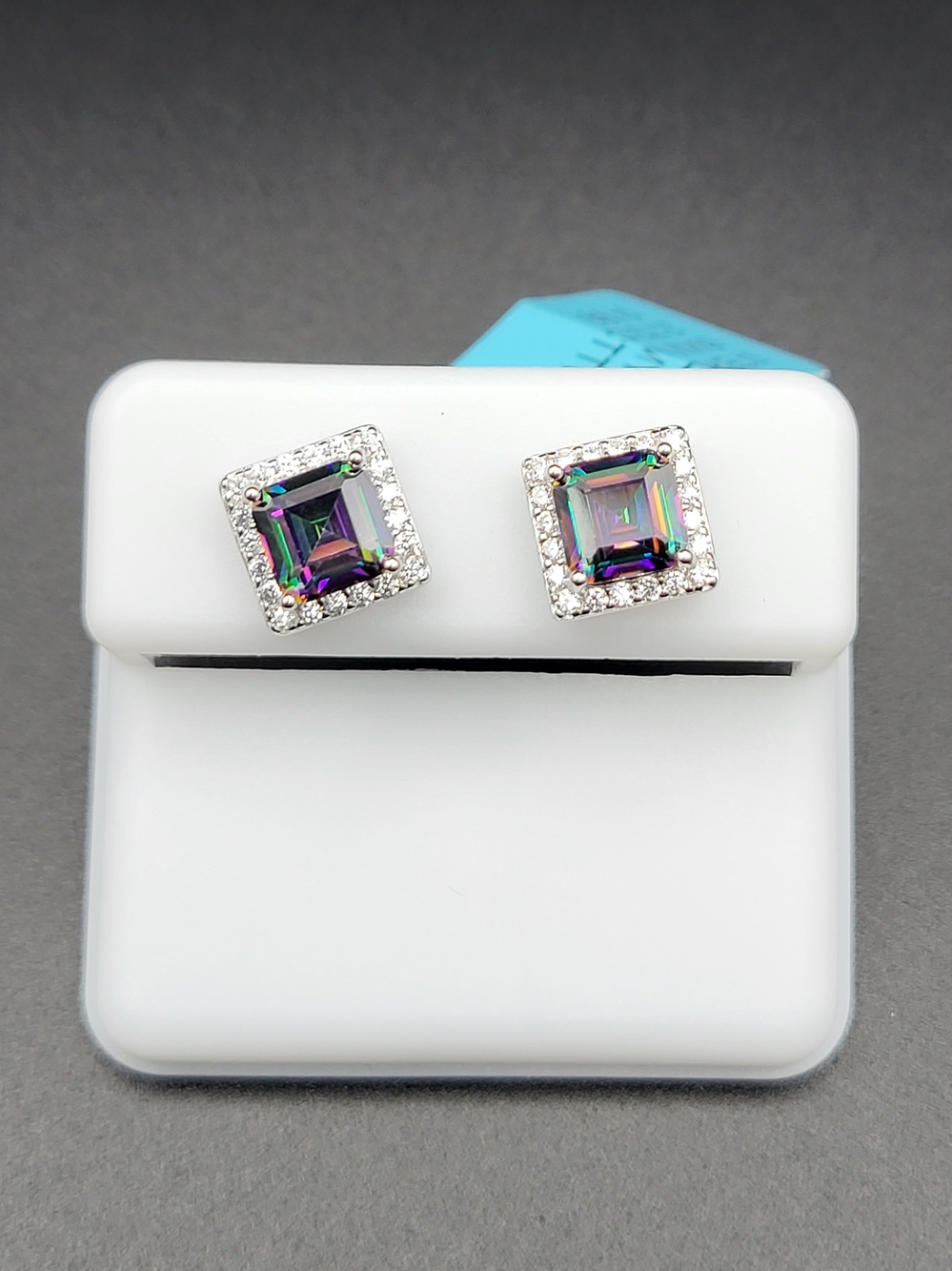 Mystic Topaz Square Halo Stud Earrings - Silver
